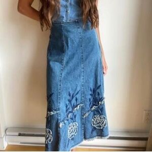 Vintage Y2K 90s Denim Midi skirt Embroidered Beaded Fairy Country Raw stitch 10
